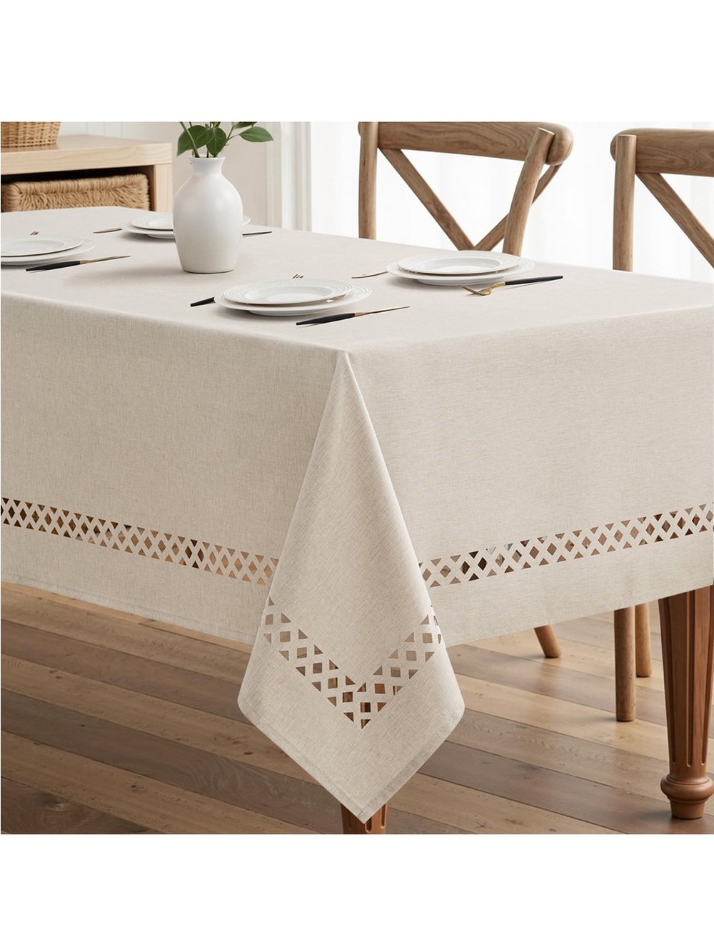 NEW MIULEE Beige Rectangle Polyester Tablecloth with Decorative Cutouts. 60”x84”